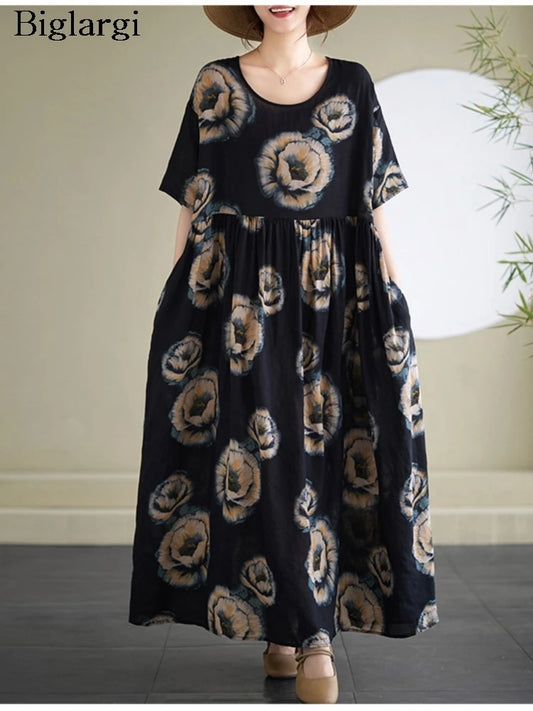 Oversized Summer Bohemian Style Long Dress Women Ruffle Pleated Fashion Flower Print Ladies Dresses Loose Casual Woman Dress