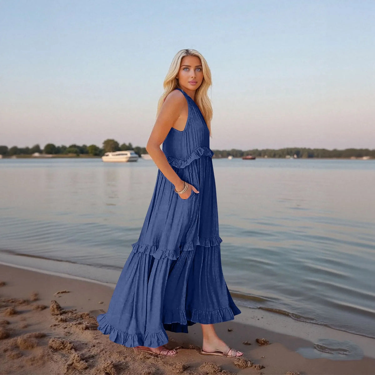 Women's Ruffled hem layered long dresses Summer Sleeveless backless dress Fashion Long Dress Big Swing Beach Dress vestidos