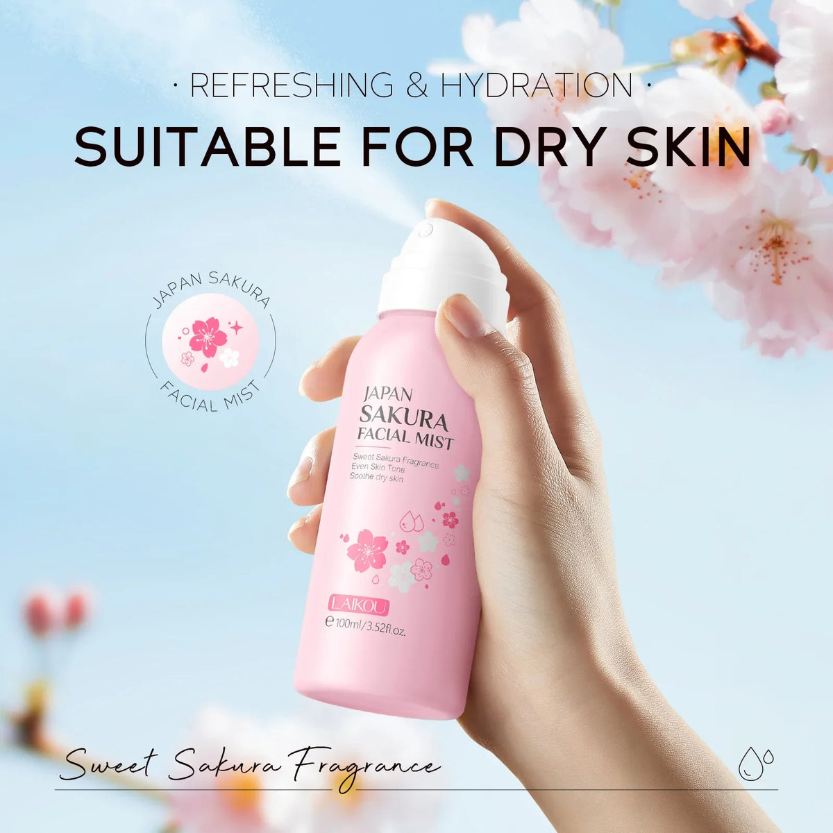 LAIKOU Sakura Facial Mist  Toner Hydrating Moisturize Gentle Repair Brightening Skin Improve Glow Serum Toner Spray 100ml