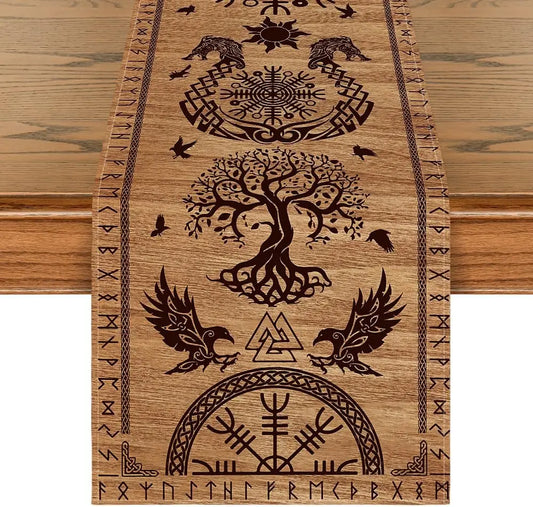 Vintage Viking Raven Helmet of Awe Linen Table Runner Holiday Party Decor Reusable Kitchen Dining Table Runner Viking Decoration