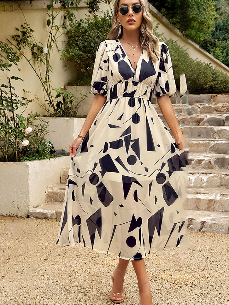 2024 Elegant High Quality Design summer long Dress Waist Cinching V-neck Print Elastic Waist Maxi  Dresses for Women Clothing