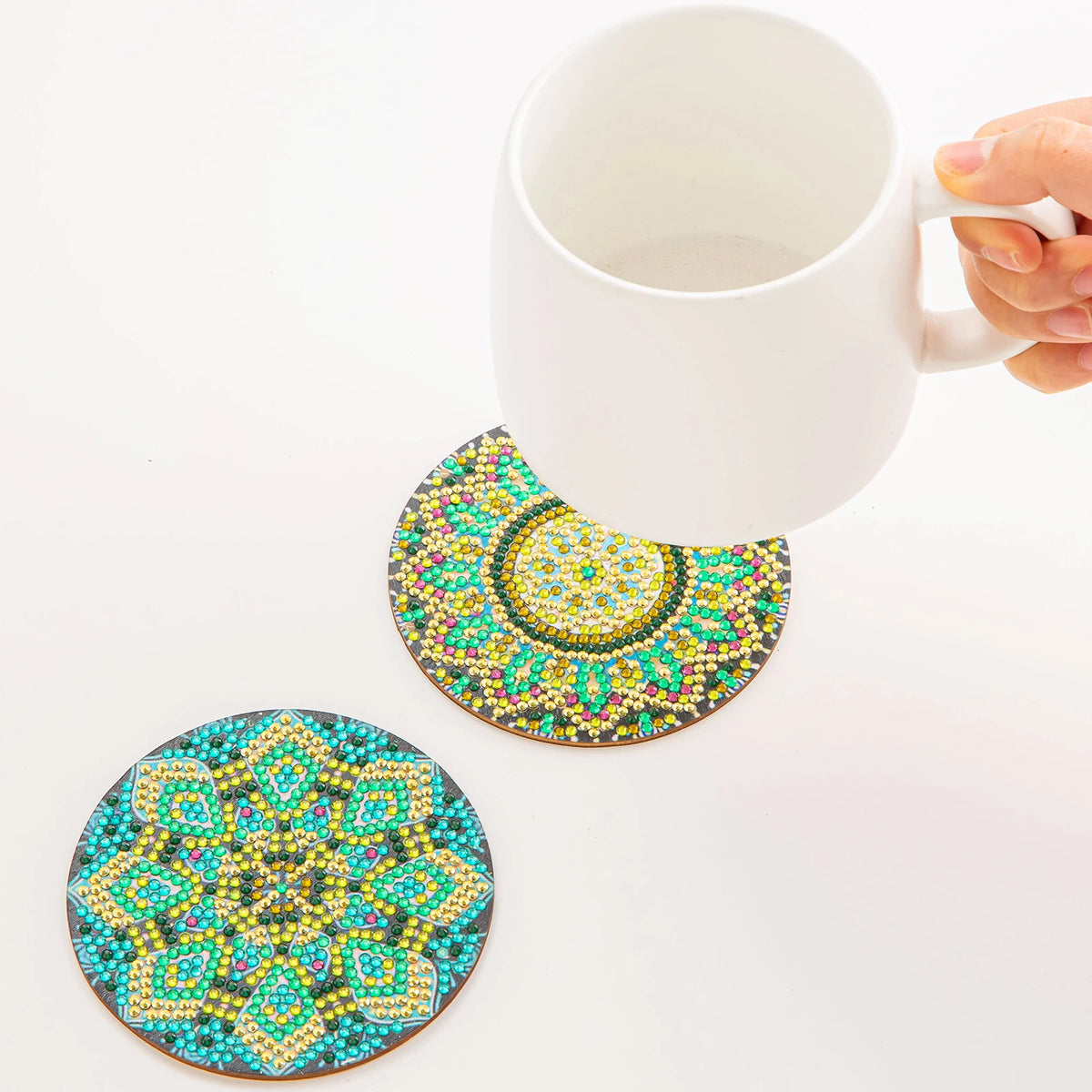 PhotoCustom 6pc/Sets Diamond Painting Coasters 5D DIY Round Diamond Mosaic Mandala Cup Coasters With Holder Kitchen Accessories