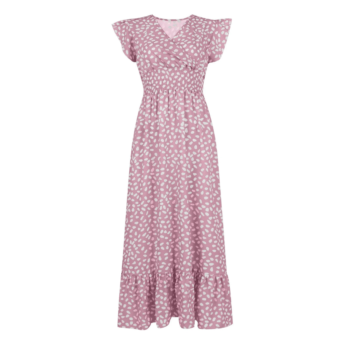 Polka Dot Dress For Women Sexy V-Neck Long Dress Casual And Fashionable Ruffle Edge Short Sleeved High Waisted Dress