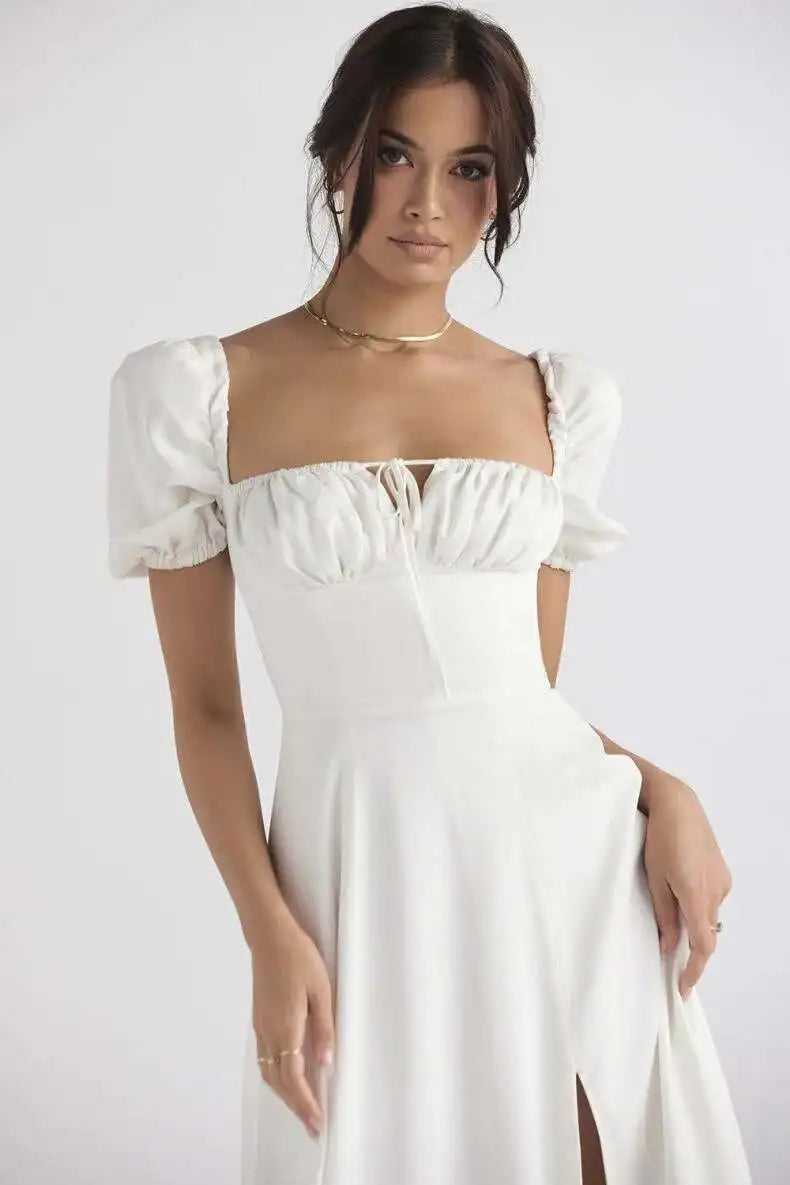 Avrilyaan White Lace Up Pleated Sexy Dress Women 2023 Split Backless Long Summer Dress Vestidos Elegant Holiday Casual Dresses