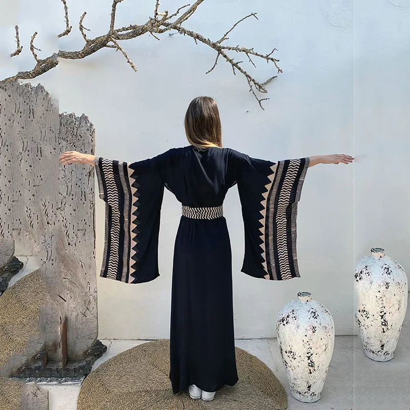 Para Praia Kimono Beach Robe Swimsuit Cover Ups Beachwear Long Flared Sleeve Dress Sarong Women Loose Cardigan Bikini Covers