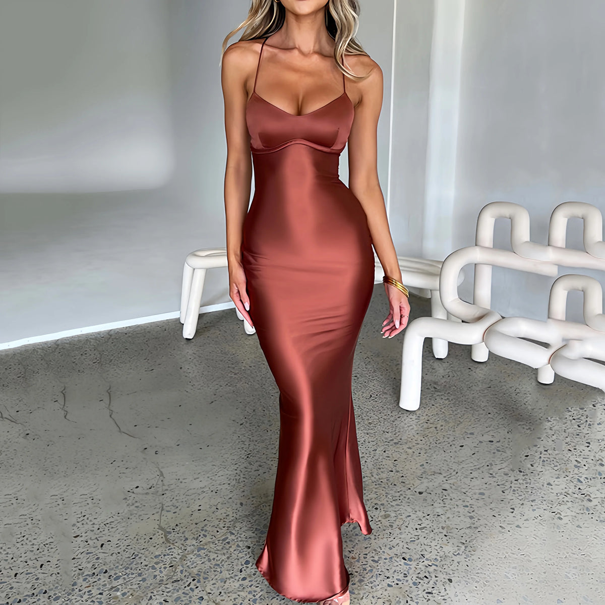 Women's Spaghetti Straps Satin Backless Sexy Dress Summer Beauty Elegant Party Evening Dress Tight Long Dress