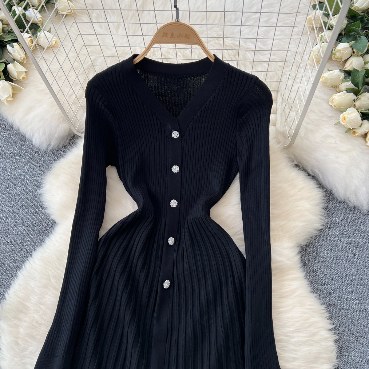 SINGREINY Autumn Knitting Sweater Dress Ladies V-Neck Single Breasted Full Sleeve Soft Slim Senior Knitted Casual Long Dress