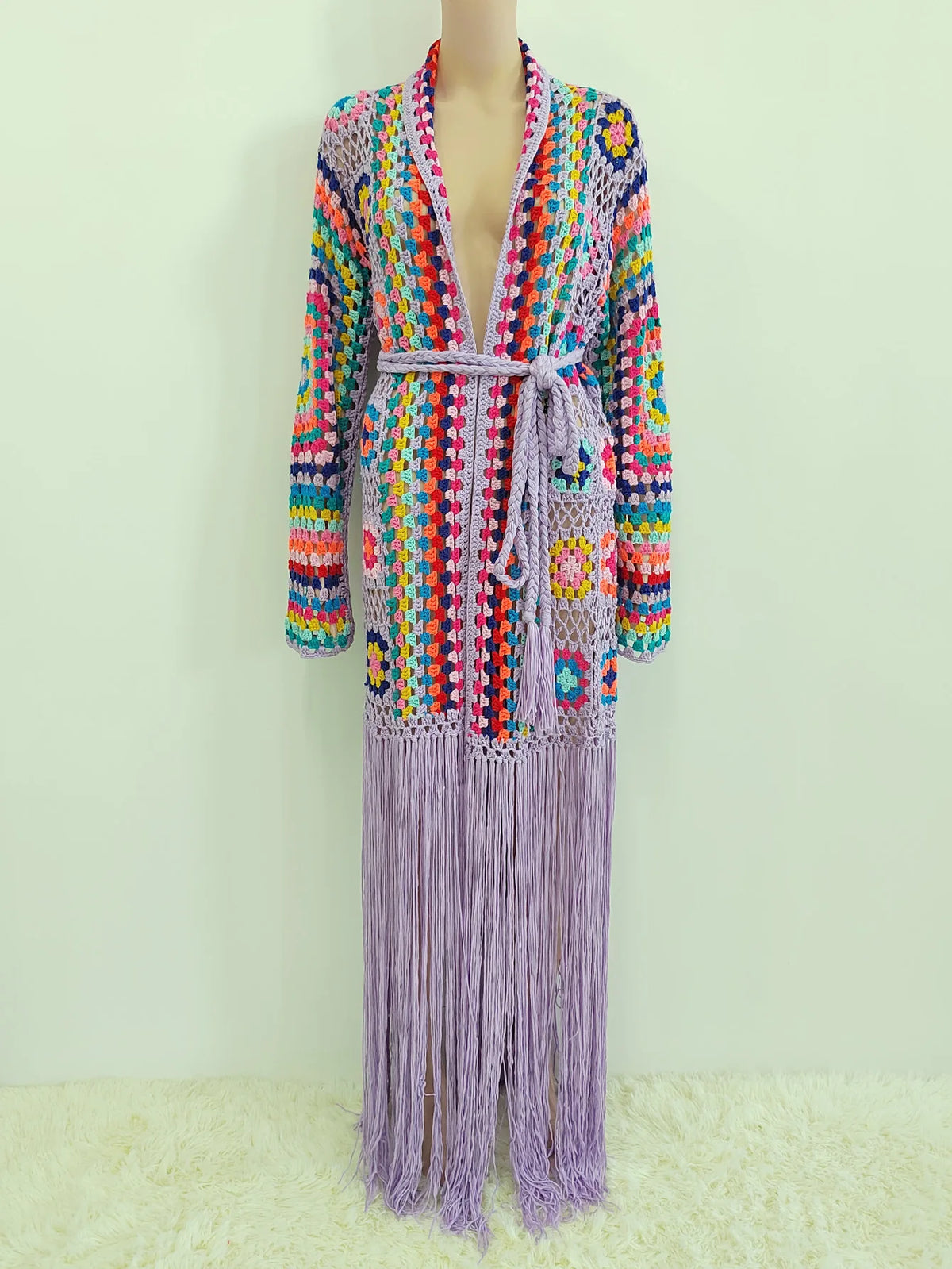 Crochet Knitted Women Cardigan Cover Ups Tassel Plaid Long Coat Bohemian 2023 Summer Beach Bikini Covers Sexy Hook Vestidos