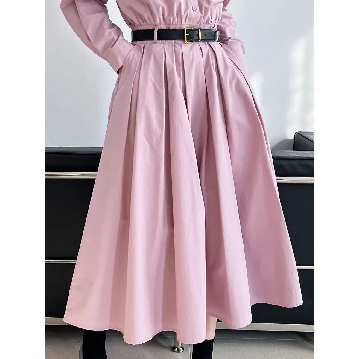 Polo‘s Collar Shirt Dress  Women Spring Slimming Long Dress With A Cinched Waist Blue / Pink