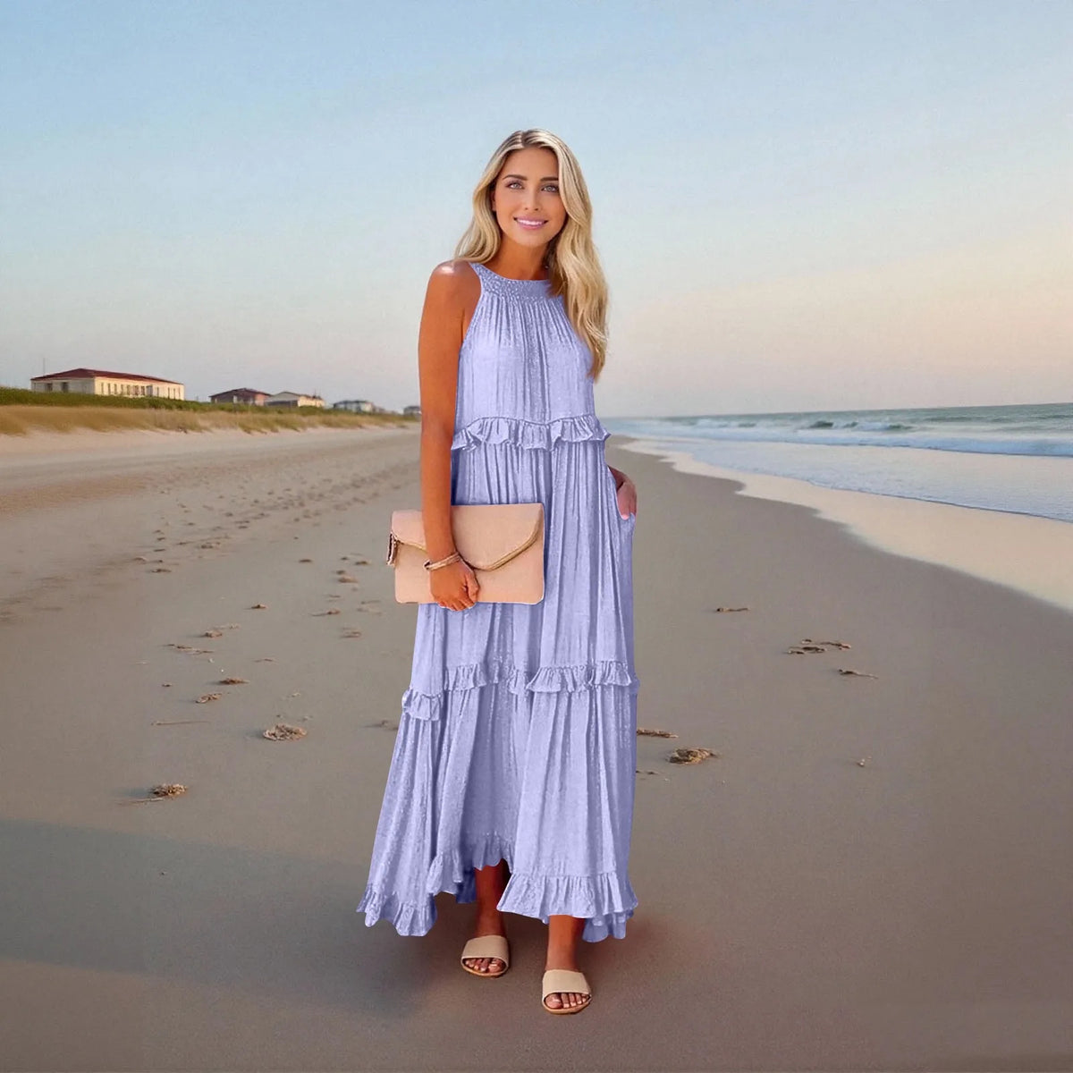 Women's Ruffled hem layered long dresses Summer Sleeveless backless dress Fashion Long Dress Big Swing Beach Dress vestidos