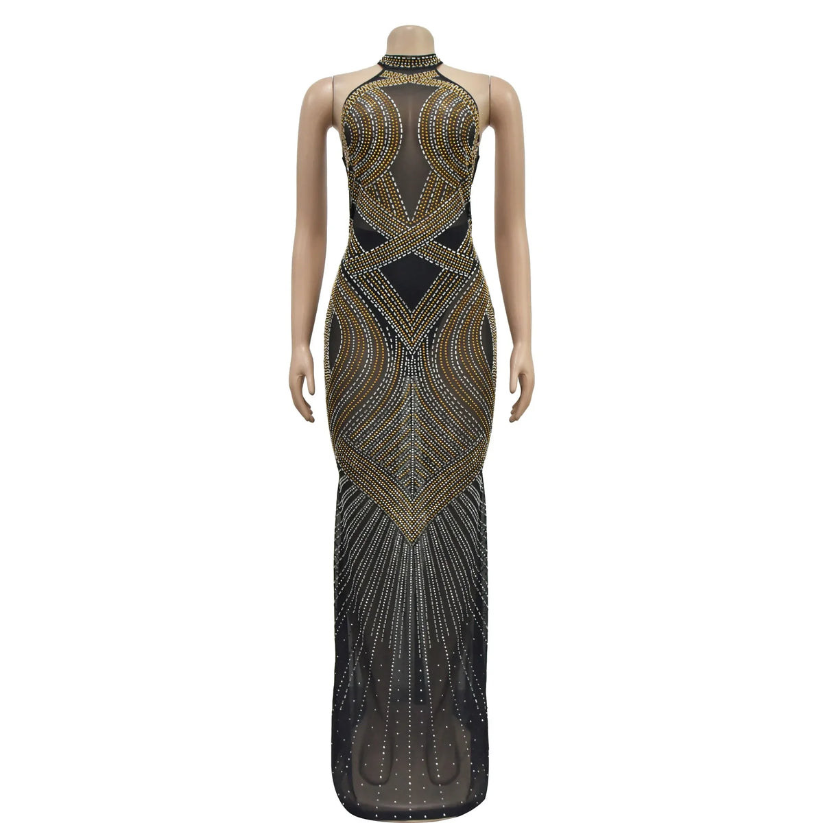 Fashion Women's Wear Solid Color Mesh Hot Rhinestone Halter Maxi Dress Sleeveless Formal Evening Long Dress Skinny Slim