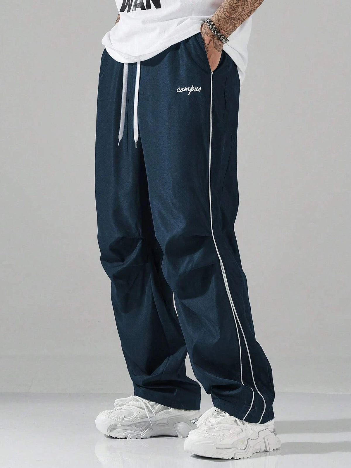 Larbulse Men Contrast Trim Trouser Fashion Casual Pants Solid Color Breathable Loose Straight Drawstring Pants Streetwear