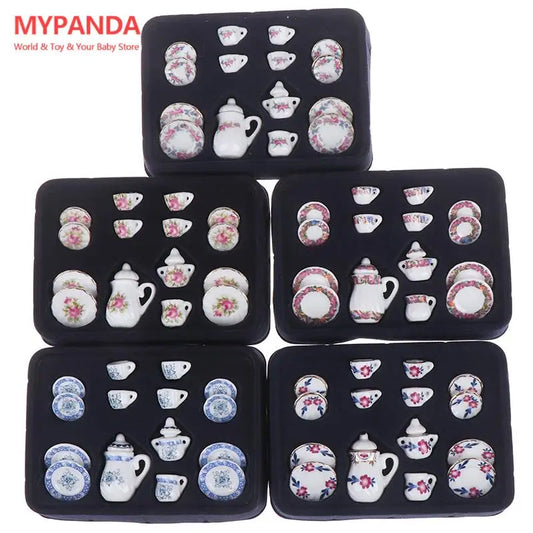 15Pcs 1:12 Miniature Porcelain Tea Cup Set Chintz Flower Tableware Kitchen Dollhouse Furniture Toys For Children