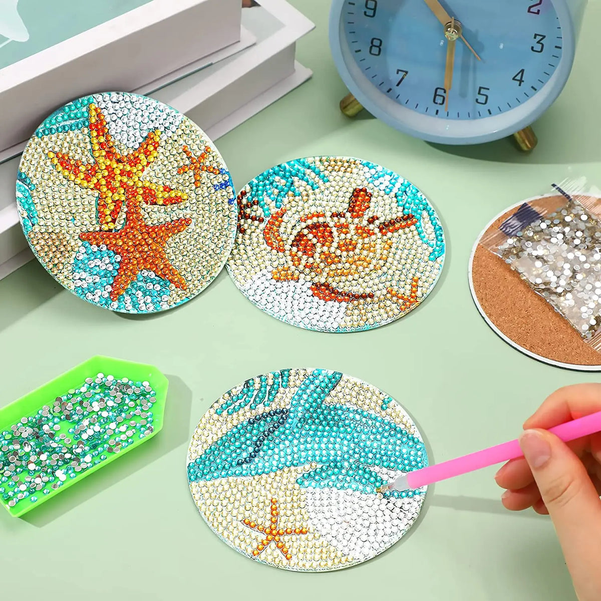 PhotoCustom 6pc/Sets Diamond Painting Coasters 5D DIY Round Diamond Mosaic Mandala Cup Coasters With Holder Kitchen Accessories