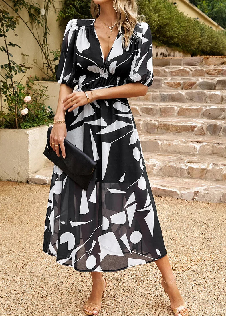 2024 Elegant High Quality Design summer long Dress Waist Cinching V-neck Print Elastic Waist Maxi  Dresses for Women Clothing