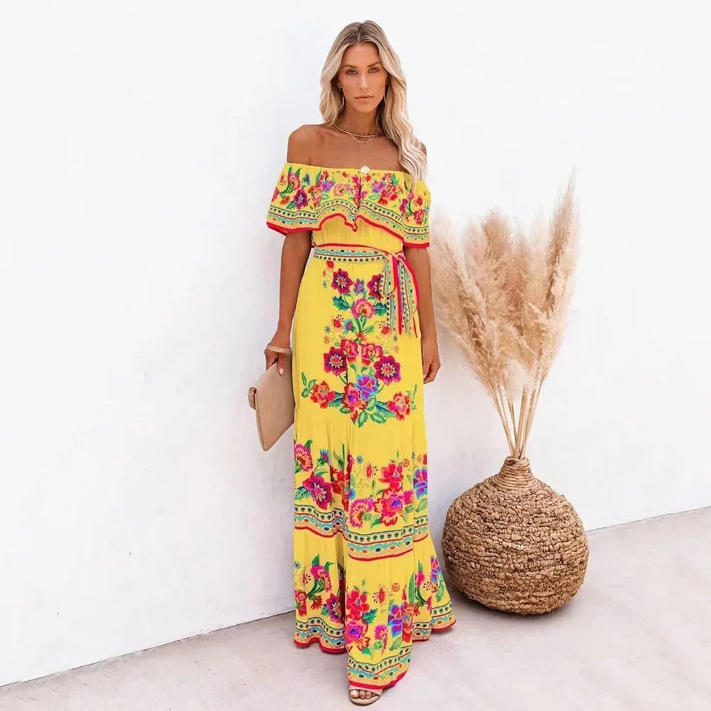 2024 Spring Summer New Independent Stand Amazon Off-shoulder Red Flower Printing Long Dress Oversized Wide Hemline Sleeveless