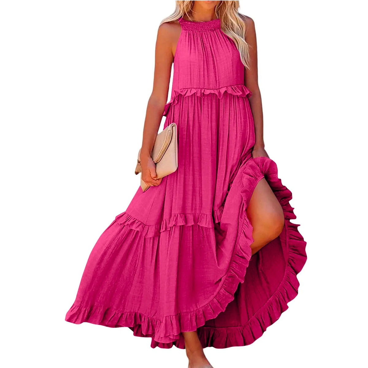 Women's Ruffled hem layered long dresses Summer Sleeveless backless dress Fashion Long Dress Big Swing Beach Dress vestidos