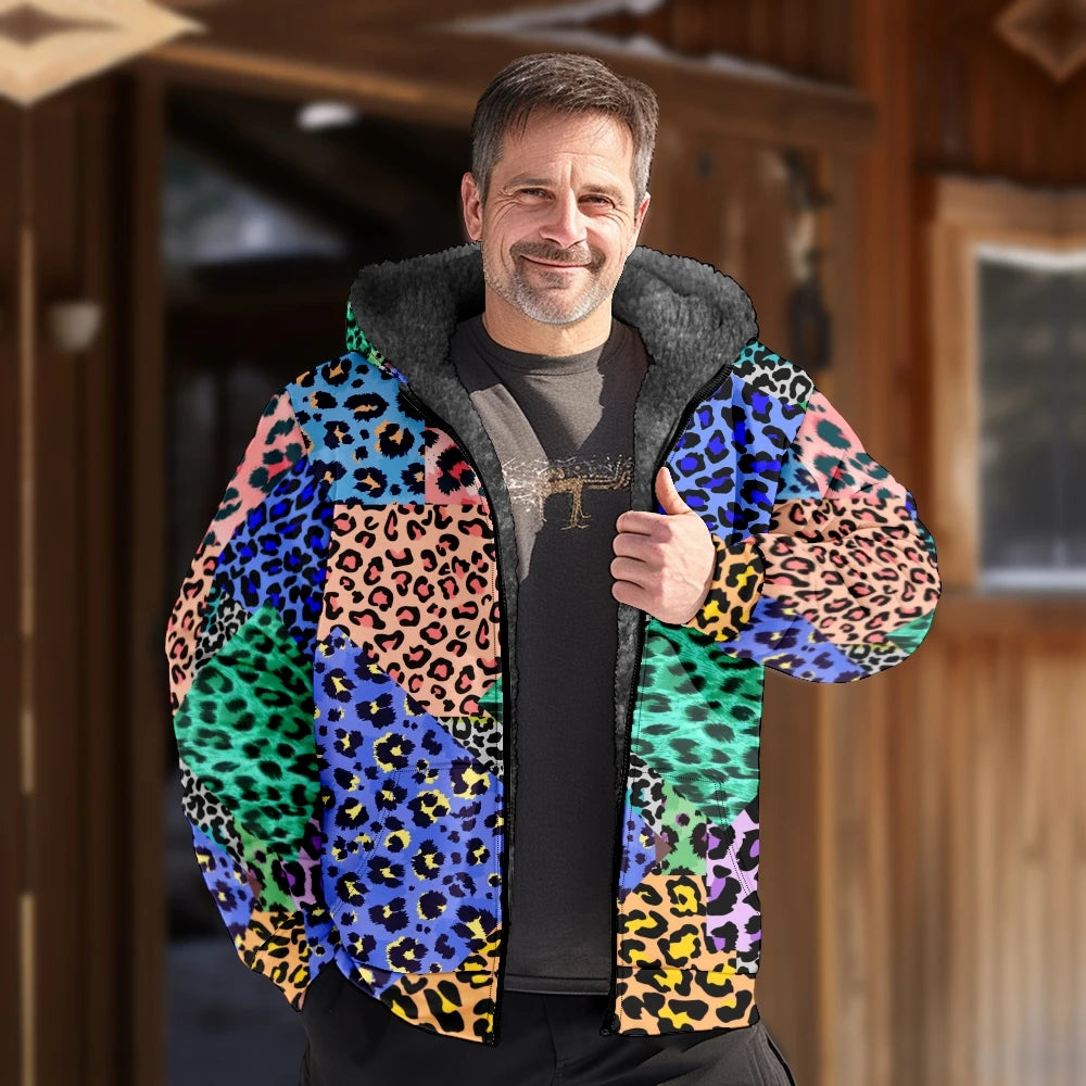 Autumn Winter Fleece Zip Up Hoodies Original Leopard Patchwork Digital Print Men Parka Coat Jackets Outerwear Sweatshirts Street