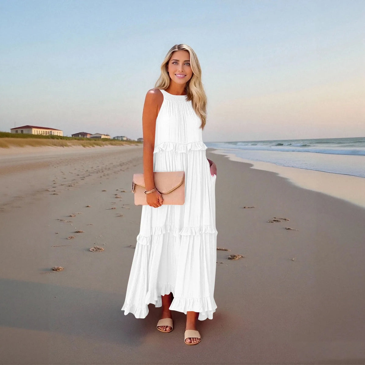 Women's Ruffled hem layered long dresses Summer Sleeveless backless dress Fashion Long Dress Big Swing Beach Dress vestidos