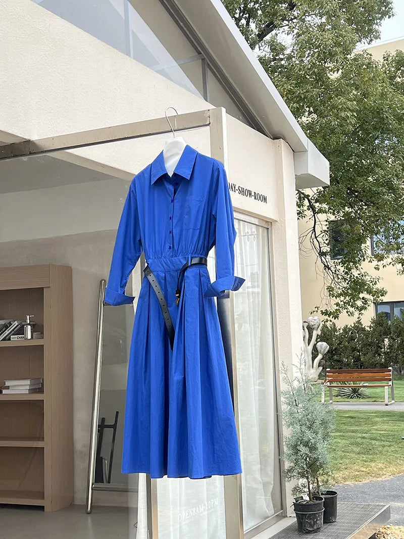 Polo‘s Collar Shirt Dress  Women Spring Slimming Long Dress With A Cinched Waist Blue / Pink