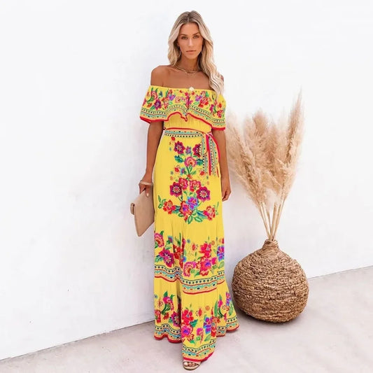 2024 Spring Summer New Independent Stand Amazon Off-shoulder Red Flower Printing Long Dress Oversized Wide Hemline Sleeveless