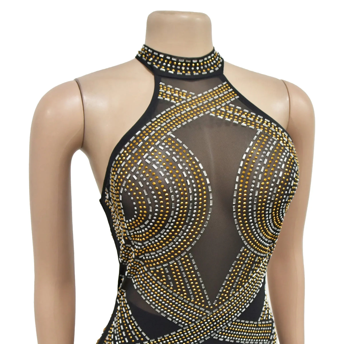 Fashion Women's Wear Solid Color Mesh Hot Rhinestone Halter Maxi Dress Sleeveless Formal Evening Long Dress Skinny Slim