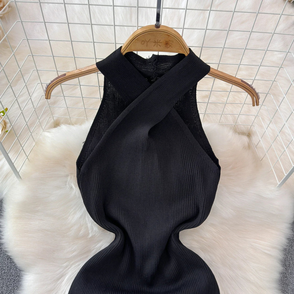 Solid 2024 Cross Knitted Women Dress Summer Strap Sleeveless Bodycon Dress Europe Style Halter Ladies Sexy Midi Long Dress