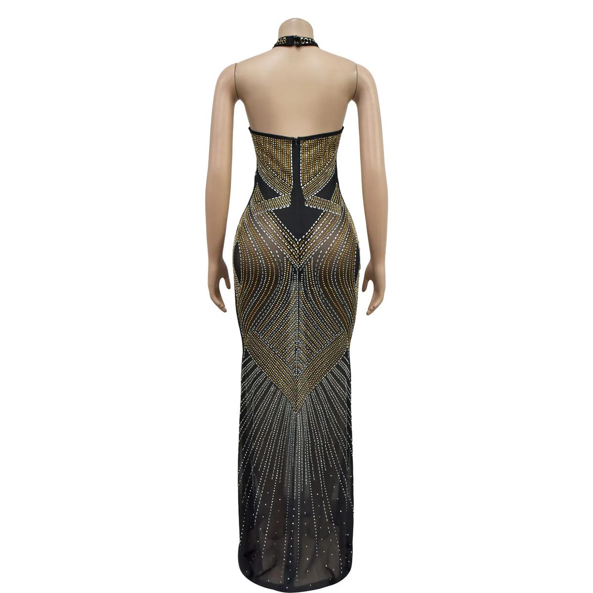 Fashion Women's Wear Solid Color Mesh Hot Rhinestone Halter Maxi Dress Sleeveless Formal Evening Long Dress Skinny Slim