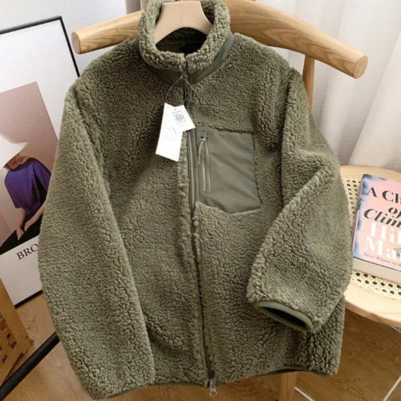Autumn Winter Lambswool Coat Male Loose Windproof Warm Sherpa Stand Collar Polar Fleece Jacket Unisex Simple  Pocket Spliced Top