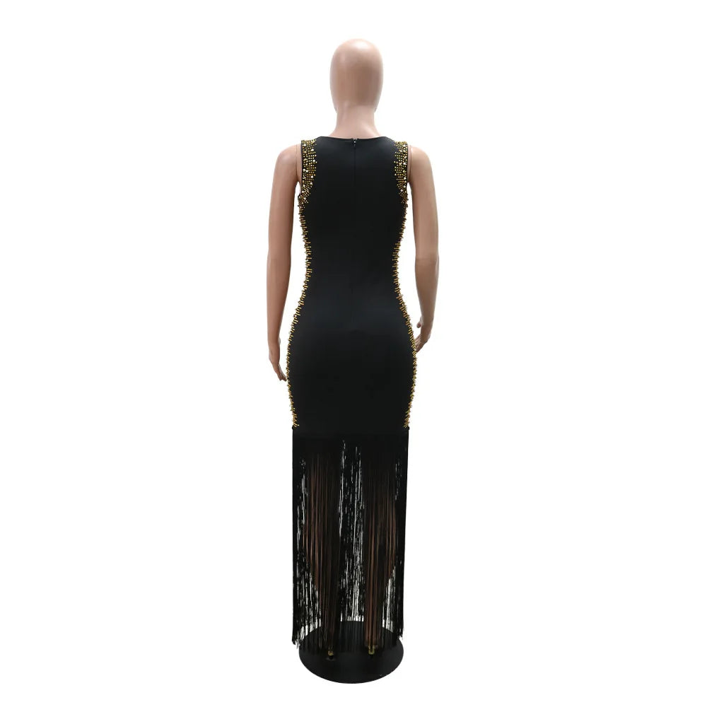 CM.YAYA Fall Diamonds Hot Rhinestones Tassel O-neck Women Sleeveless Bodycon Long Dress Birthday Party Evening Prom Maxi Dresses