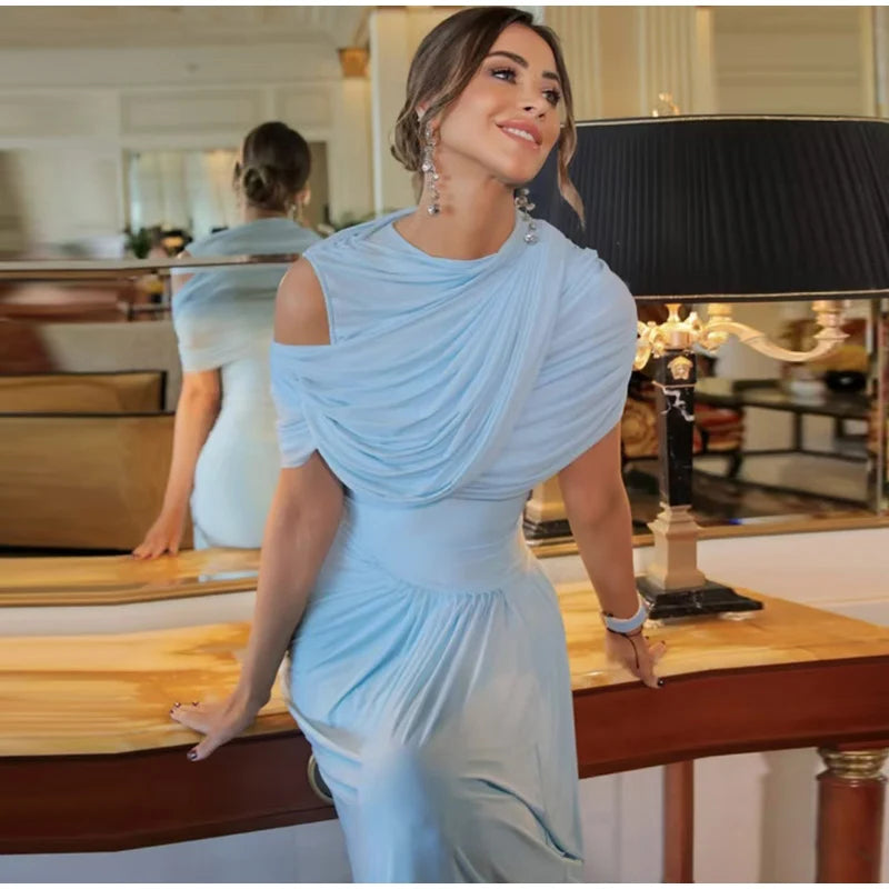 Shawl Long Dress Women Elegant Asymmetrical Chiffon Pleat Slim Waist Maxi Dresses 2025 Summer New Female Evening Party Prom Gown