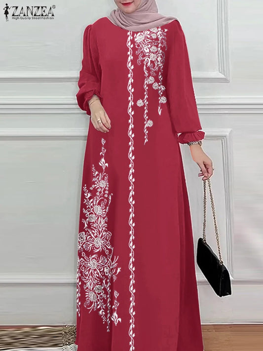 Autumn Muslim Dresses Vintage Dubai Turkey Abaya Hijab Sundress ZANZEA Women Bohemian Floral Printed Long Dress Robe Femme 2025