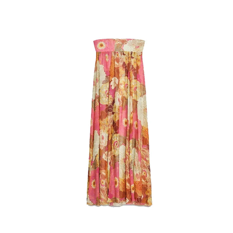 2025 Summer Strapless Dress Printed Women Long Dress Backless Pleats A-line Large Hem Robe Elegant Female Party Holiday Vestidos