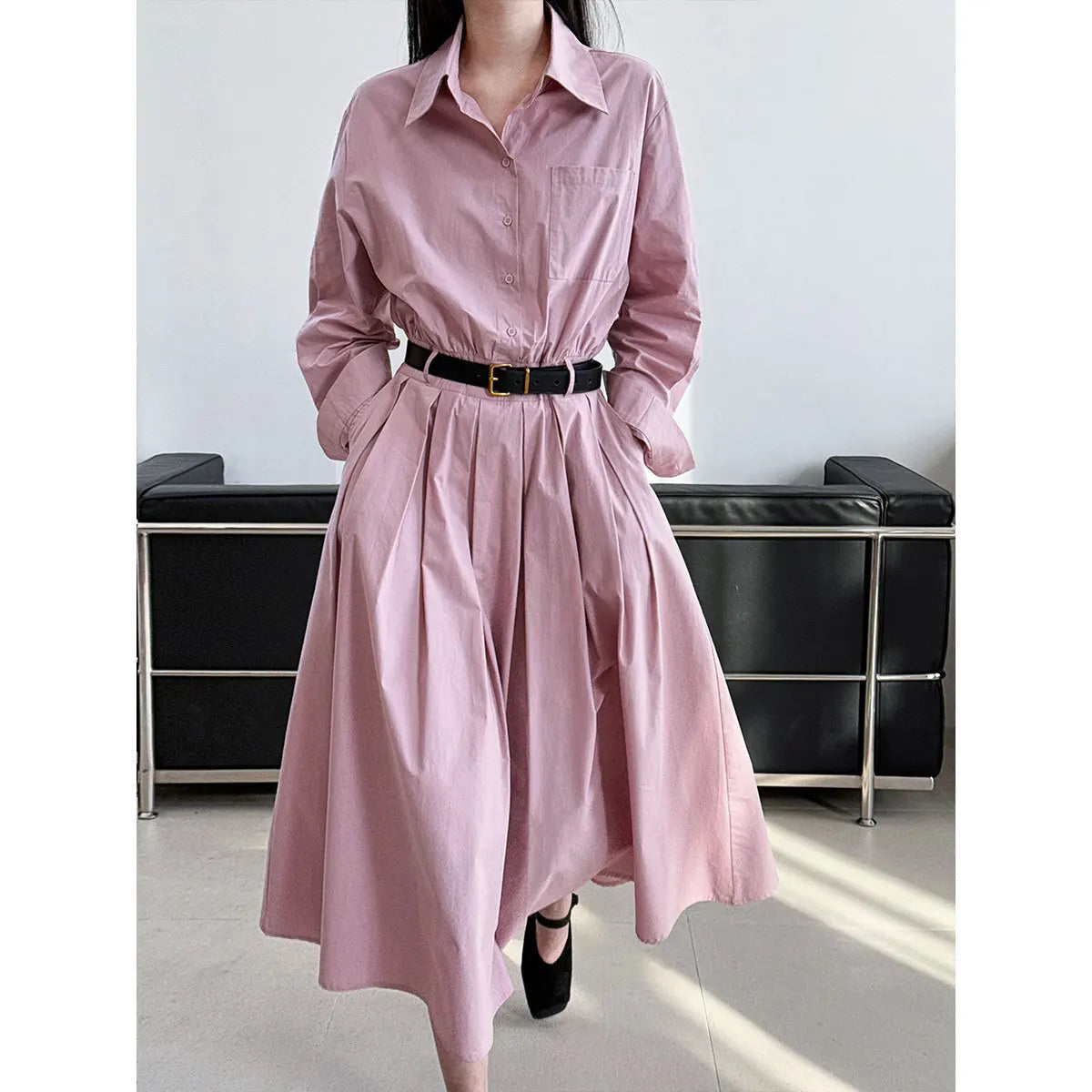 Polo‘s Collar Shirt Dress  Women Spring Slimming Long Dress With A Cinched Waist Blue / Pink