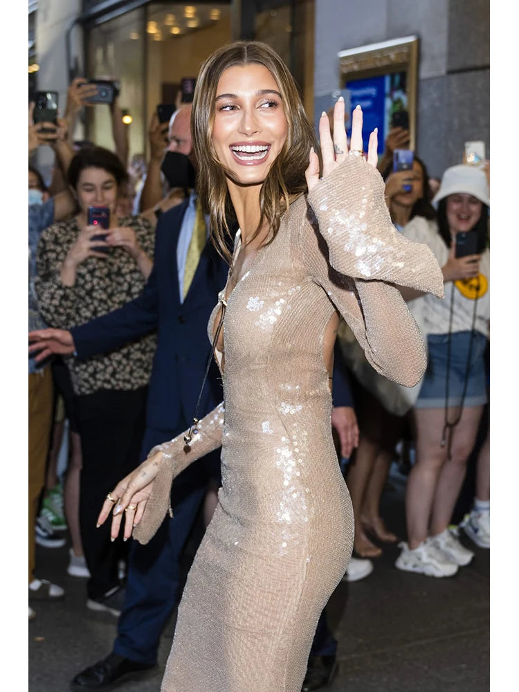 BEVENCCEL Sexy Luxury Sequins Deep V Long Sleeve Backless Sequins Long Dress Elegant  Bodycon Maxi Evening Party Clubwear Dress