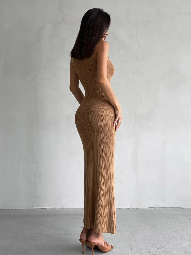 2024 Spring Summer Knitted Long Dress Women Elegant Turtleneck Sleeveless Basic Bodycon Solid Maxi Dresses Female Vestidos