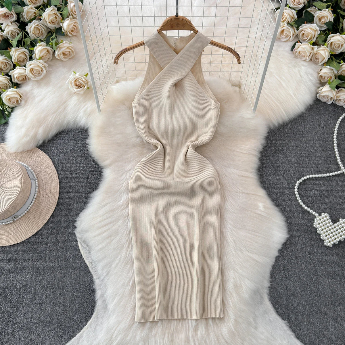 Solid 2024 Cross Knitted Women Dress Summer Strap Sleeveless Bodycon Dress Europe Style Halter Ladies Sexy Midi Long Dress