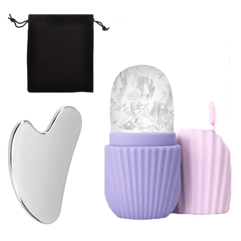 3-piece facial cleansing tool, stainless steel heart-shaped scraping tool, ice facial roller, a flannel bag