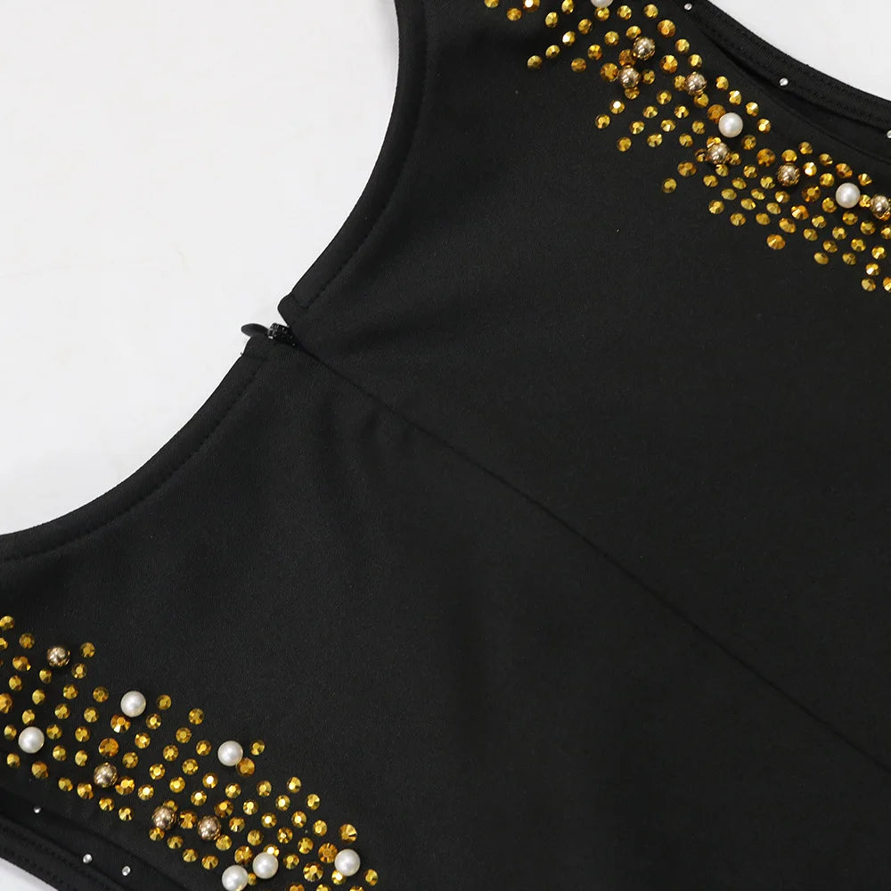 CM.YAYA Fall Diamonds Hot Rhinestones Tassel O-neck Women Sleeveless Bodycon Long Dress Birthday Party Evening Prom Maxi Dresses
