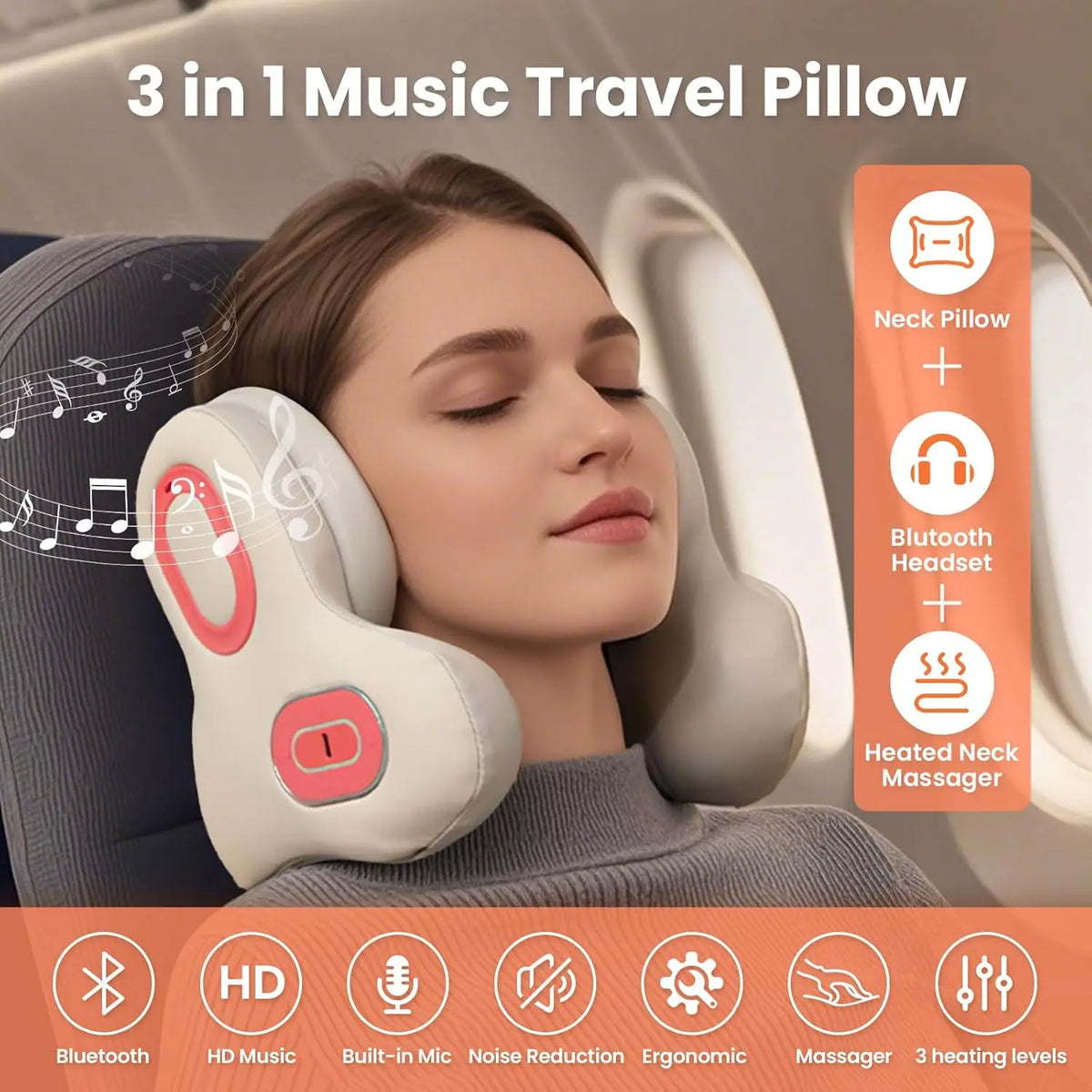 Wireless Neck Massager Red Light Hot Compress Massager Sleep Noise Reduction U-shaped Neck Pillow Masajeador Bluetooth Music