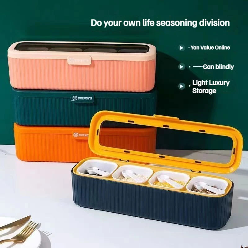 Seasoning Box, Set of 4 Crystal Seasoning Storage Container with Spoon Seasoning Rack Spice Pots for Pepper Spice Kitchen tools