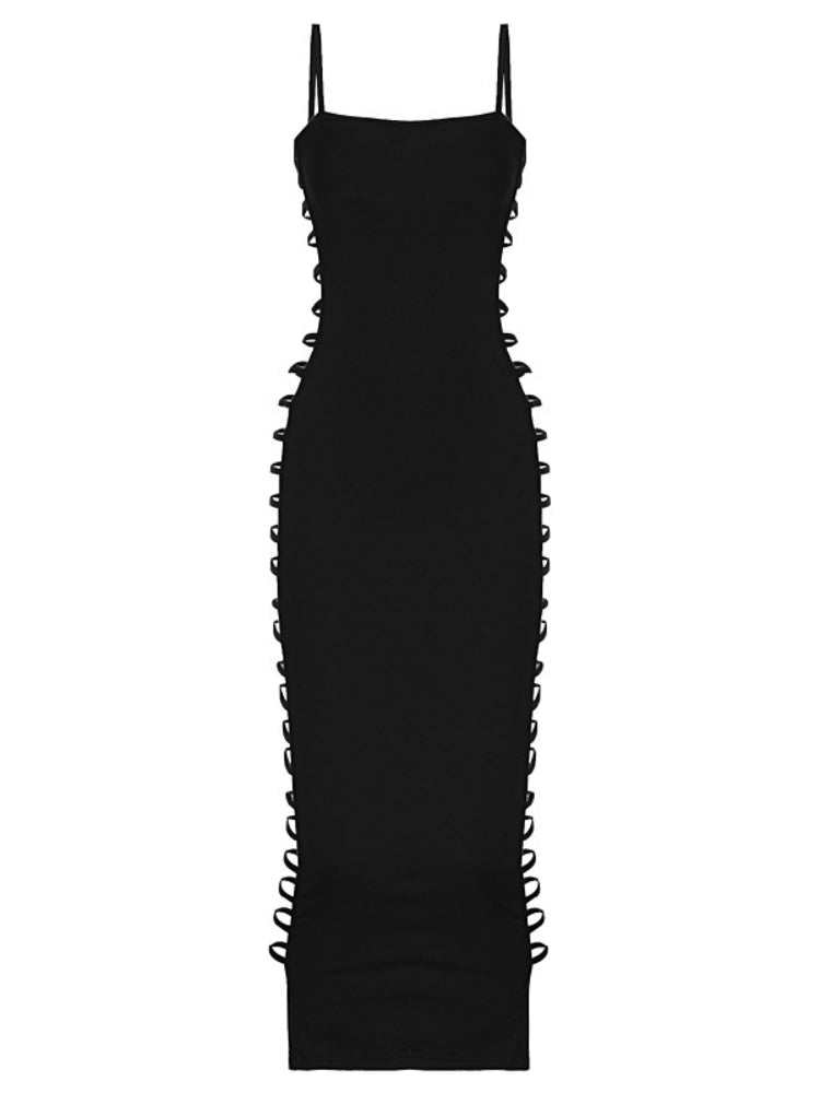 Sexy Side Hollow Out Slim Bodycon Dress Women Sleeveless Solid Color Skinny Long Dress Elegant Club Party Vestidos