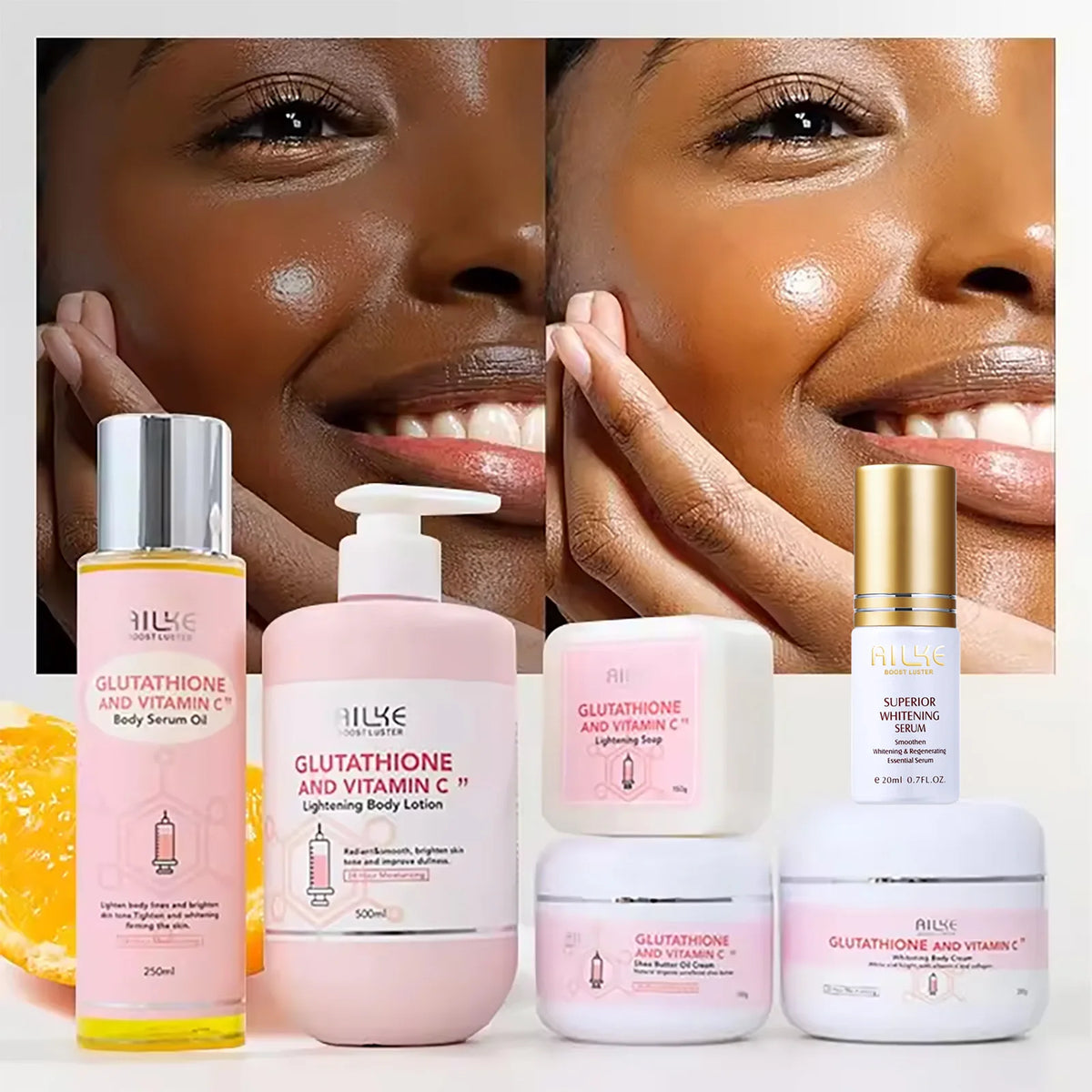 AILKE Whitening Remove Black Spots Facial Skin Care Lotion Moisturizing Cream Body Glutathion Vitamin C Black Skin Face New Set