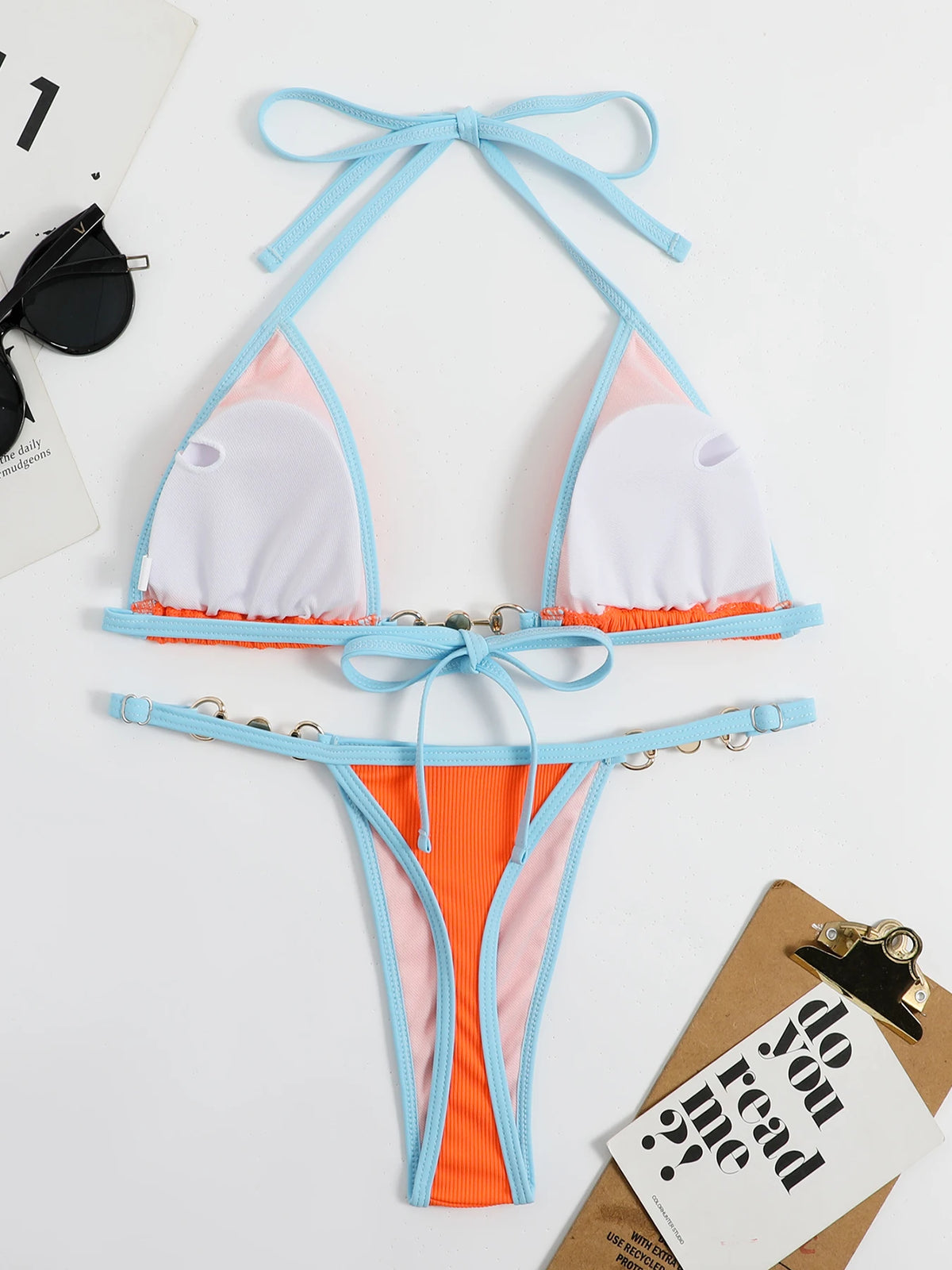2023 New Sexy Ribbed Bikini Set Pearl Swimwear Women Swimsuit Female Halter Strappy Bikini Patchwork Bathing Suit Beachwear Swim