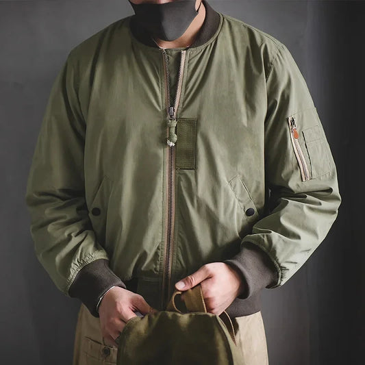 Maden Retro MA1 Bomber Jacket Thickened Splicing Baseball Flight Coat with Inner Pocket for Men's Winter Cotton Padded Jacket