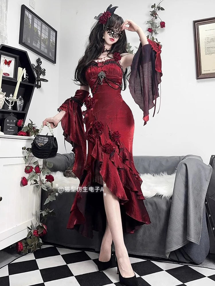 Red Lolita Fishtail Dress Womens High Waist Slim Fit Elegant 3D Rose Irregular Long Dress Lady Gothic Dress Spring and Summer
