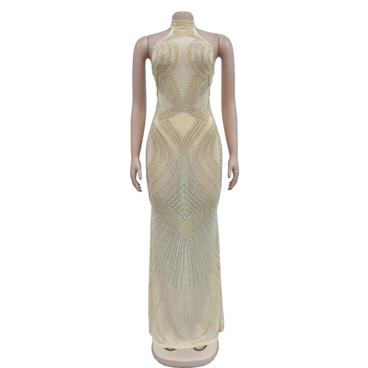 Fashion Women's Wear Solid Color Mesh Hot Rhinestone Halter Maxi Dress Sleeveless Formal Evening Long Dress Skinny Slim