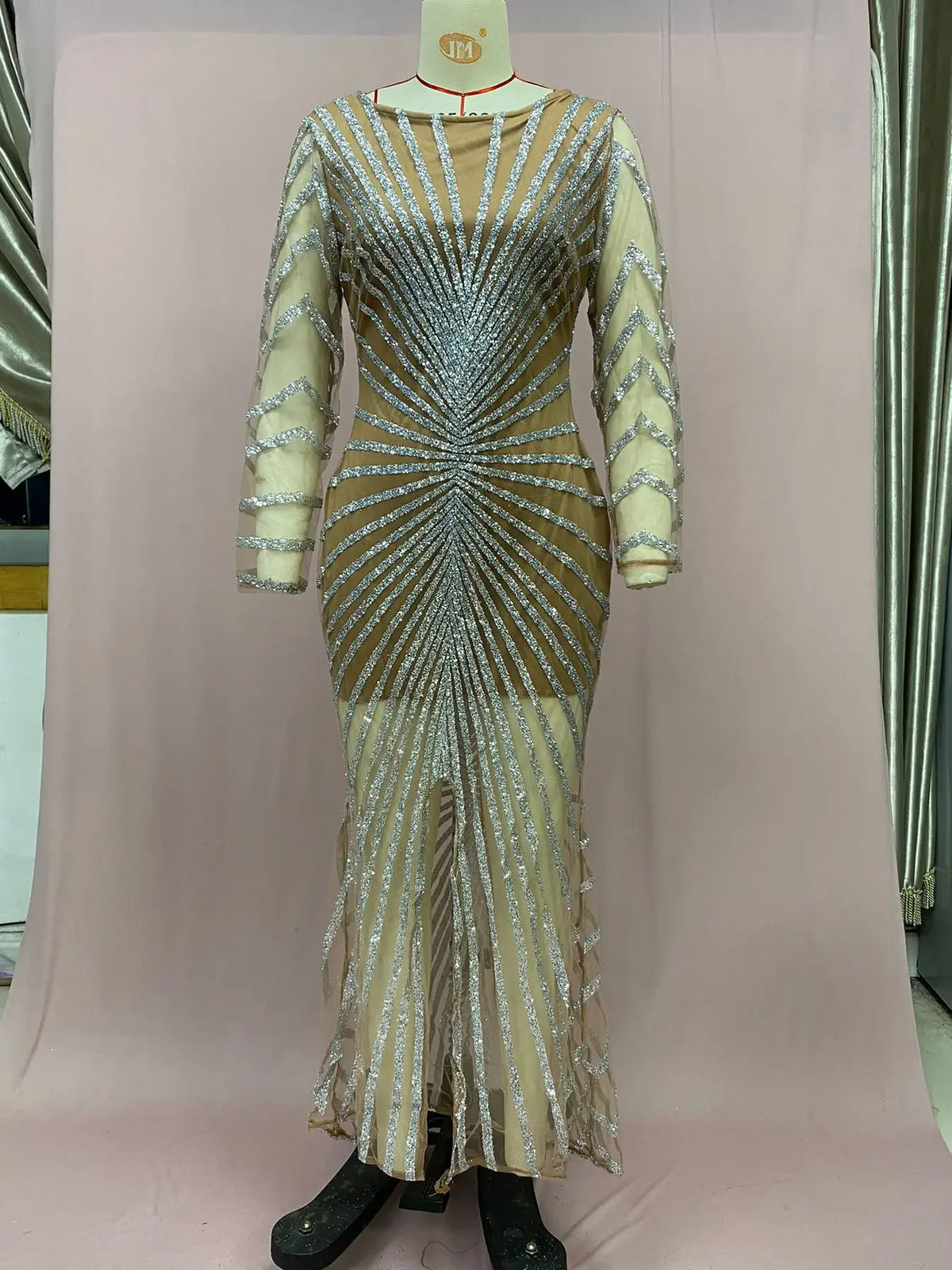 2024 New Spring Fashionable Embellished Women's Mesh Dress Long Sleeve Side Slit Long Dress For Women