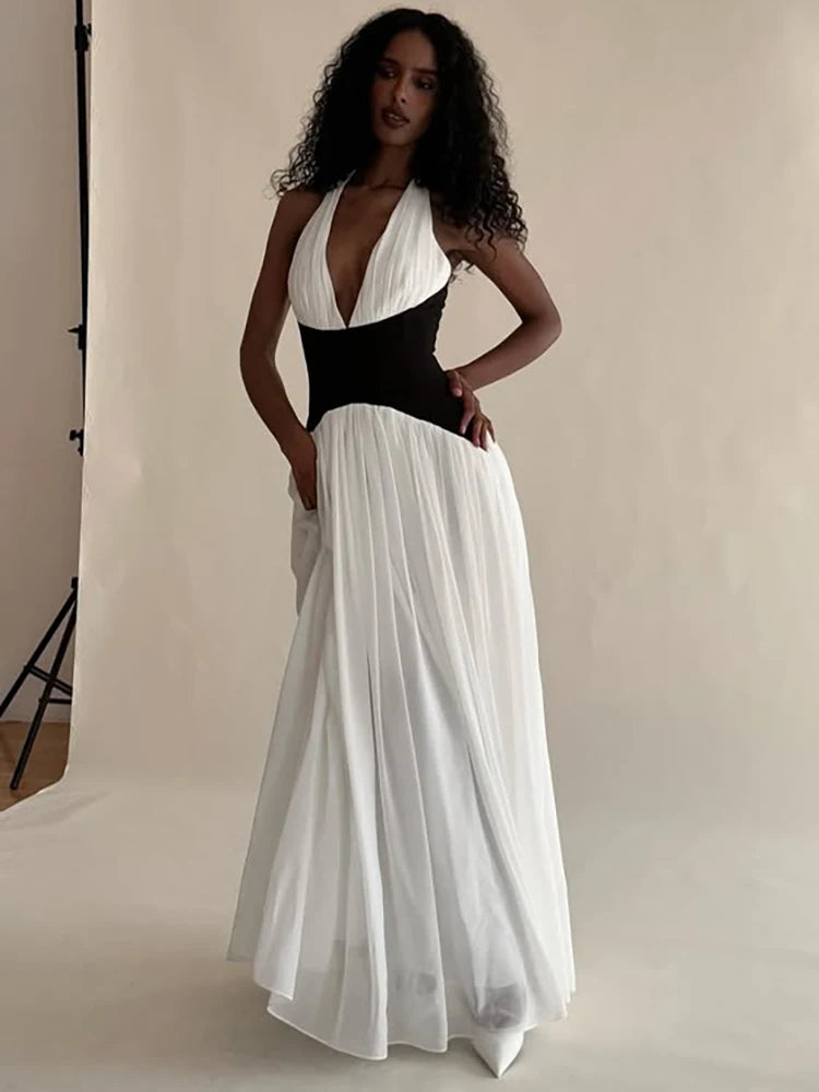 Mozision Halter Deep V Neck Backless Sexy Maxi Dress Women Gown Fashion Patchwork Sleeveless High Waist Club Party Long Dress