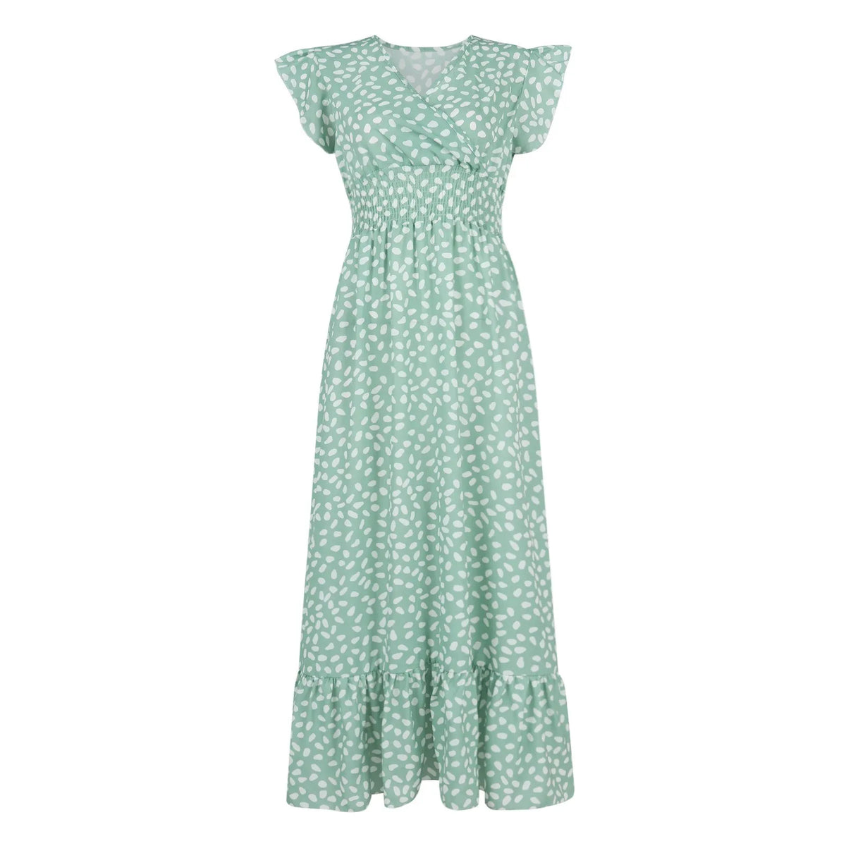 Polka Dot Dress For Women Sexy V-Neck Long Dress Casual And Fashionable Ruffle Edge Short Sleeved High Waisted Dress